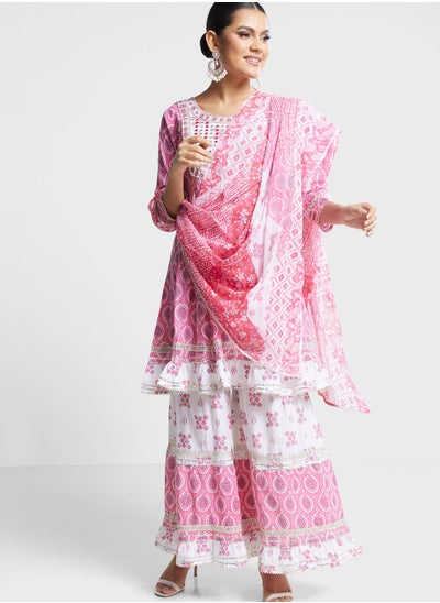 Buy Printed Tiered Hem Kurti & Sharara Pants Set in UAE