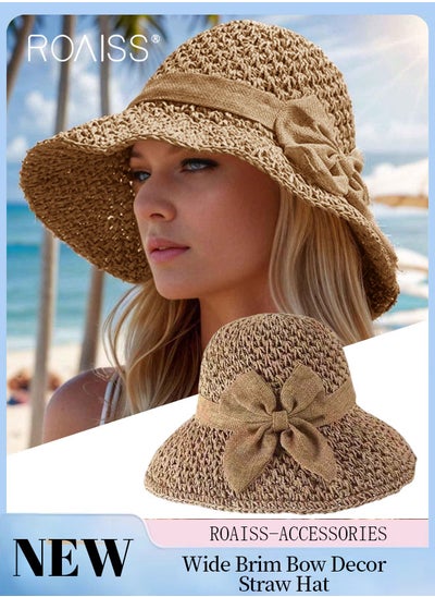 Buy Women's Wide Brim Bow Decor Straw Hat, Lightweight Breathable Sun Hat with UV Protection for Summer Beach Outdoor, Fashion Accessories in UAE