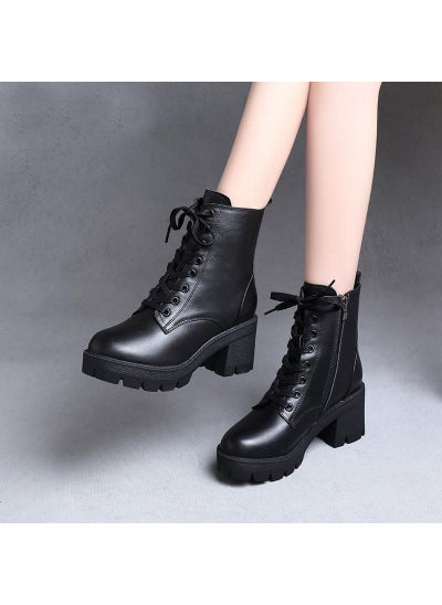 Buy Martin Boots Womens 2024 New Winter All-match Short Boots Womens Thick Heel Mid-heel Thick-soled Cyber-red Platform Lace-up Boots Womens Bootsblack single black single in UAE