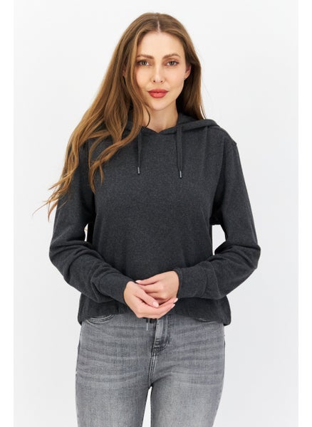 Buy Women Hooded Long Sleeve Solid Sweatshirt, Dark Grey in Saudi Arabia