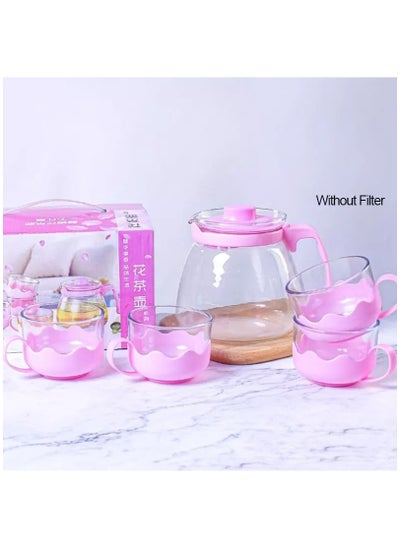 Buy Pyrex kettle with stainless steel strainer + 4 glass tea cups with plastic base in Egypt