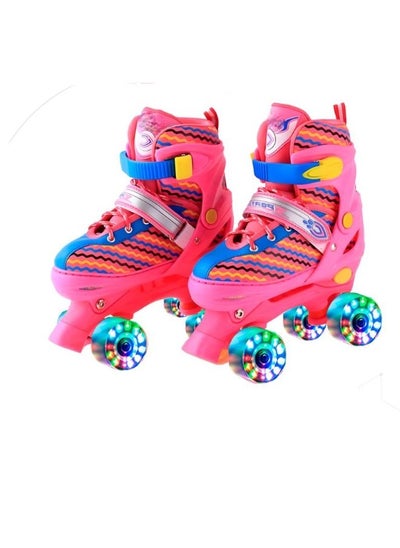 اشتري Double Row Skate Shoes With LED Lights For Kids Beginners Indoor Outdoor 4 Wheel Skates Each Row with 2 Wheels, Adjustable Roller Skates for Boys and Girls Pink Size-31 في السعودية