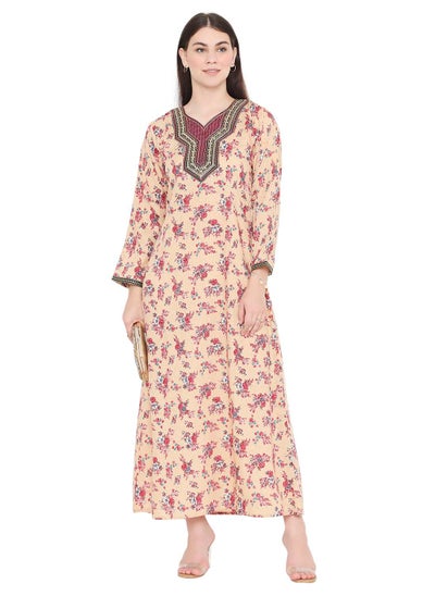 اشتري UNIQUE FLORAL PRINTED STYLISH NECK EMBROIDERY ARABIC KAFTAN JALABIYA DRESS في السعودية