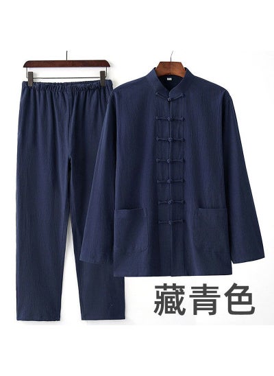 Buy Mens Cotton-Linen Tang Suit Set Autumn Navy blue in UAE