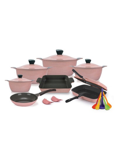 Buy Master Granite Cookware Set 21 Piece Wave (Pot 18,20,24,32 cm- Frying Pan 24 - Casserole 31 - Double Grill 36 - 4 Pcs Silicone Mask - Serving Set 5 Pcs) Pink in Egypt