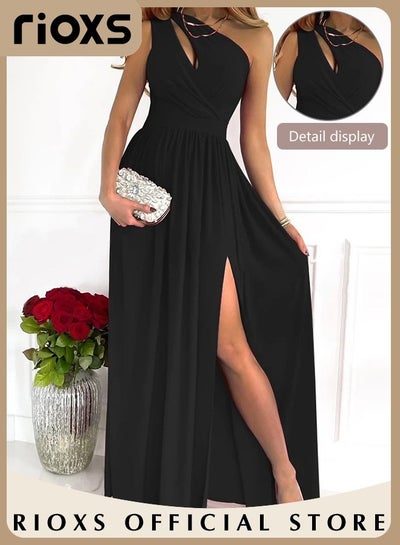 Buy Women's Elegant Evening Dress One Side Shoulder Sleeveless Split High Waist Bodycon Long Dress for Evening Cocktail Formal Business Party in Saudi Arabia