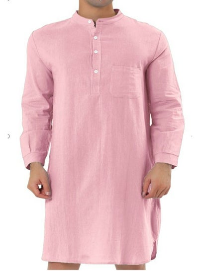 اشتري Men's Muslim Stand Collar Robe Thobe Solid Color Long Sleeve Kaftan Casual Shirt Pink في السعودية