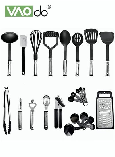 Buy 24 Pieces Kitchen Cooking Utensil Set with Stainless Steel Holder Collection for Turner Tongs Spatula Spoon Brush Whisk in Saudi Arabia