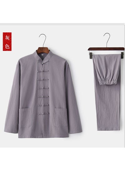 Buy Mens Cotton Linen Tang Suit Long Sleeve Set Gray [suit]] in Saudi Arabia