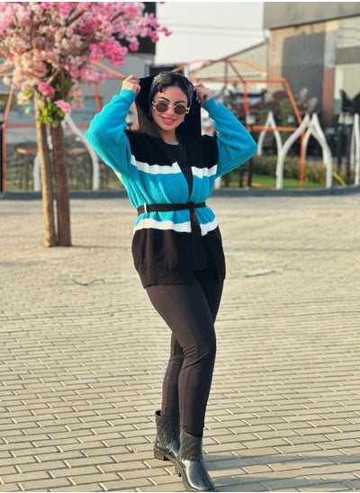 Buy Open Multicolor Trico Jacket With Belt Black&Turquoise in Egypt