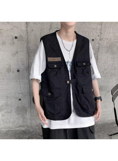 اشتري Japanese Multi-Pocket Vest Mens Summer Casual Sleeveless JacketBlack Black في الامارات