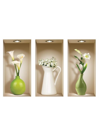 Buy 3-Piece 3D Vase Flowers Wall Sticker in Saudi Arabia