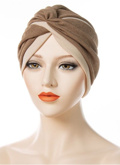 اشتري Muslim Hijab Instant Hijab for Women two-color Stitching Forehead Cross Turban Islamic  Fashion Cotton Head Cover for Women and Girls Brown+Beige في الامارات