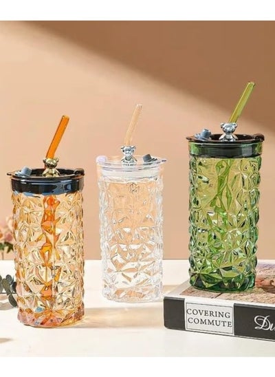 Buy Glass Cup with Straw and Lid Reusable and Direct Drinking with Mouth for Dual Use 400ml in Egypt