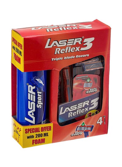 Buy 4 Pieces Reflex 3 Three Blade Disposable Shaving Razor And Sport Foam 200ML in UAE