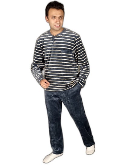 Buy Men Winter Pajama Set Striped Top & Plain Bottom -Dark Grey in Egypt
