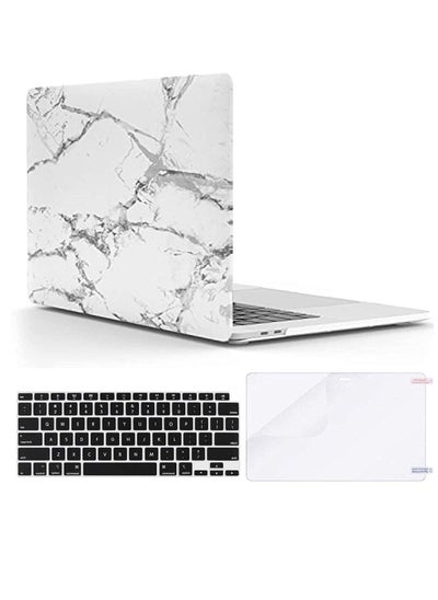 Buy Hard Shell Case US Layout Keypad Cover and Screen Protector Compatible for MacBook New Air 13 Inch Retina Display Touch ID Model A2337 M1/A2179 Release 2020/2019/2018 White Marble in UAE