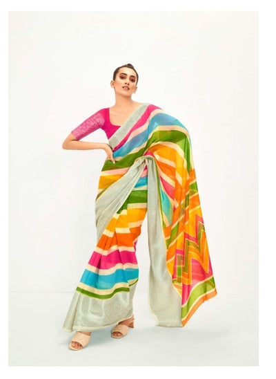 اشتري Georgette Multicolor Print Saree With Silver Border And Pink unstitched blouse في الامارات