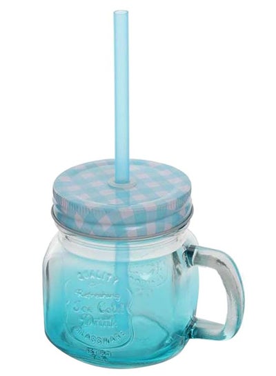 Buy Drinking Glass Mug with Lid & Straw - Blue in UAE