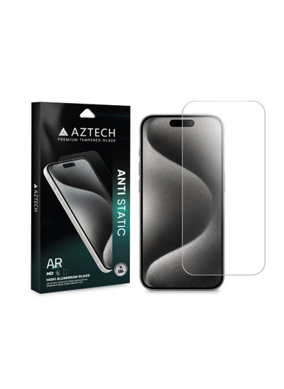 Buy AZTECH Premium Clear Tempered Glass for iPhone 15 Pro Max, Anti Static, High Aluminium Glass, AR translucency process, Bare hand feel, Fingerprint, oil and stain resistance and Smooth touch, including free cleaning wipes for making it easy to clean and apply. in UAE