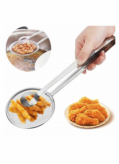 Buy Colander Spoon with Clip 2-in-1 Kitchen Stainless Steel Filter Spoon With Food Clip Oil Filter Grid Scoop Fryer Tongs Frying Mesh Colander Kitchen Tools Accessories in Saudi Arabia