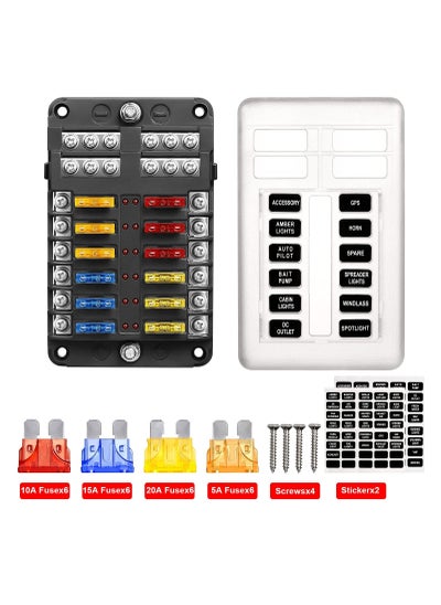 اشتري 12 Way Blade Fuse Block, 12V Automotive Fuse Box Holder, Waterproof Cover with Negative Bus Fuse Panel LED Indicator for Automotive Car Truck Boat Marine RV Van في الامارات