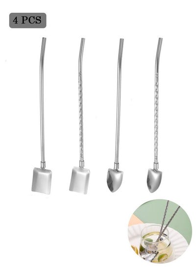 Buy 4 Pcs Stainless Steel Straws Spoons, Reusable Long Handle Spoon Metal Shovel Spiral Stirring Spoon, for Drinking Mixing and Stirring (Silver) in Saudi Arabia