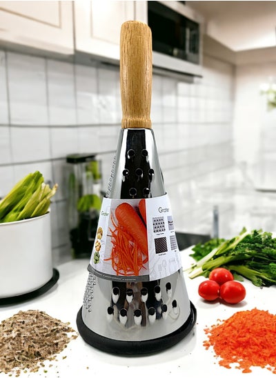 Buy Easy Grip Wooden Handle Stainless Steel Conical Grater Silver with 3 Side Grading in Saudi Arabia