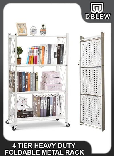 Buy 4 Tier Heavy Duty Foldable Metal Rack Storage Shelving Unit with Caster Wheels Floor-standing Organizer Shelves Wire Rack for Home Kitchen Office Garage Laundry Bathroom Shelf in UAE