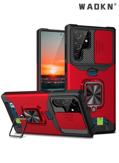 Buy For Samsung Galaxy S24 Ultra Case with Card Holder,rojarou for Sumsung S24 Ultra Case with Slide Camera Cover and 360° Rotate Ring Kickstand Heavy Duty Protective Phone Case for S24 Ultra Cover-red in Saudi Arabia