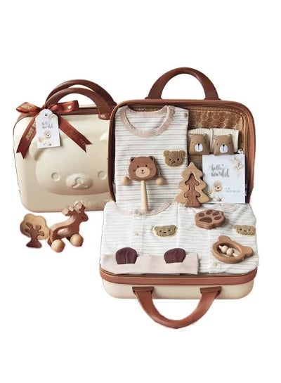 Buy Baby Giftset for Newborn With Rompers and Wooden Toys in Cute Suitcase in Bear Theme for Girls and Boys in UAE