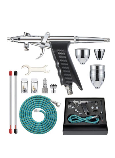 اشتري Airbrush Kit Air Brush Painting Set Double Action Trigger Airbrush Gun with 0.3mm/0.5mm/0.8mm Needles 2cc/5cc/13cc Paint Cup Airbrush Spray Tool Set for Painting Nails Cake Tattoo Makeup في السعودية