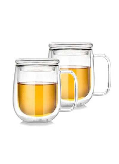 Buy Double Walled Glass Coffee Cups With Handle And Glass Lid in UAE