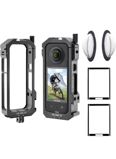 اشتري Aluminum Frame Cage with Sticky Lens Guard Set and Screen Protector for Insta360 X3 - Anti-Scratch Metal Housing Shell and Tempered Glass Protective Film Accessories Kit. في السعودية