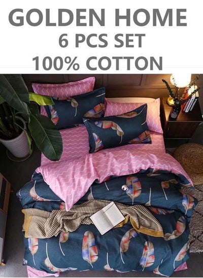 اشتري 6-Piece Single Size Cotton Printed Combination Duvet Cover Set Includes 1xFitted Bedsheet 120x200+30cm, 1xDuvet/Bed Cover 160x210 cm, 2xPillowcase 55x80cm, 2xCushion Case 45x70cm Multicolour في الامارات