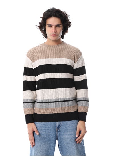 اشتري Striped Knitted Round Neck Pullover_Black & Beige في مصر