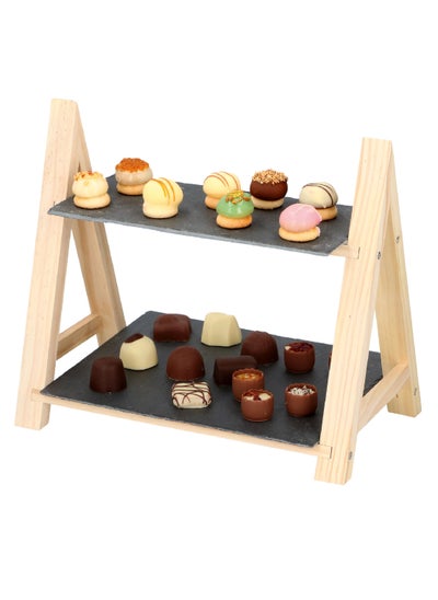 اشتري 2 Tier Serving Slate with Wooden Stand Cupcake Stand, Slate Tiered Serving Trays for Parties, Weddings, Home Decorating, Indoor or Outdoor Use في الامارات