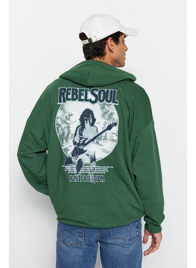 اشتري Green Men's Oversize/Wide-Cut Hoodie with Rock Music Print Thick Sweatshirt. في مصر
