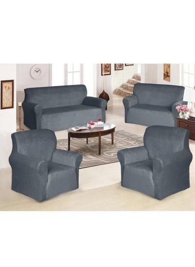 Buy Velvet non slip Super Stretchable Sofa Covers Set for Seven Seats of 4 Pieces in Dark Grey in Saudi Arabia