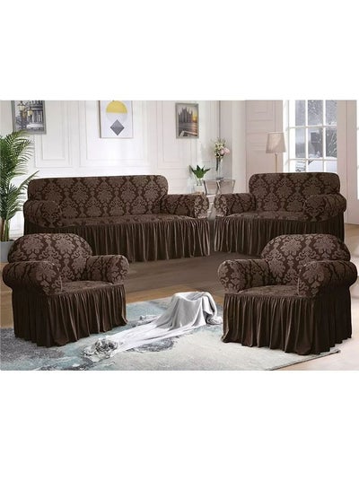 اشتري 7 Seater (3+2+1+1) Super Stretchable Anti-Wrinkle Slip Flexible Resistant Jacquard Damask Sofa Cover Set with Ruffle Skirt Brown في الامارات