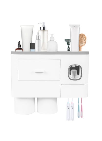 اشتري 2 Cups Wall Mounted Toothbrush Holder, Multipurpose Space-Saving Toothbrush and Toothpaste Holder with Drawer for Cosmetics Organizer for Washroom and Bathroom في الامارات