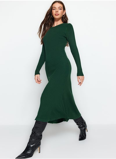 Buy Emerald Green Midi Knitwear Crew Neck Dress TWOAW21EL0422 in Egypt