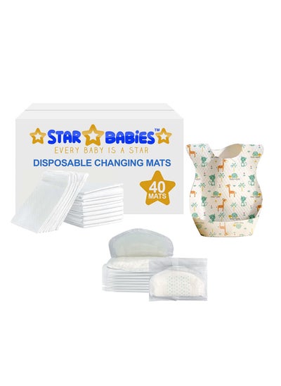 Buy Star Babies Combo Pack (Disposable Changing mat 40pcs, Disposable Bibs 40pcs with  Disposable Breast Pad 10pcs) - White in UAE