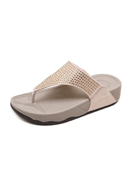 Buy Casual Rhinestone Flip Flops For Women Beige in UAE