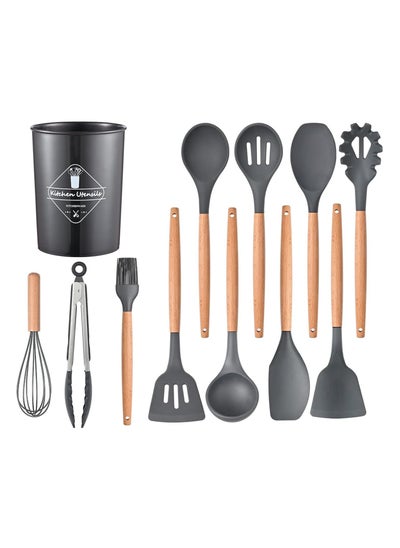 Buy 12 Pcs Silicone Cooking Utensils Kitchen Utensil Set - Turner Tongs, Spatula, Spoon, Brush, Whisk, Wooden Handle Gray Kitchen Gadgets with Holder for Nonstick Cookware Grey/Black in UAE