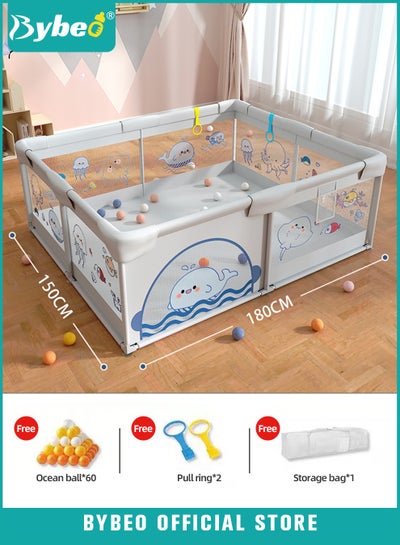 Buy Baby Playpen Fence, Portable Babies Playards for Toddlers, Safety Infant Activity Center,  Sturdy Play Area, with 2 Pull Rings, 60 Marine Balls and Storage Bag, 150x180cm in Saudi Arabia
