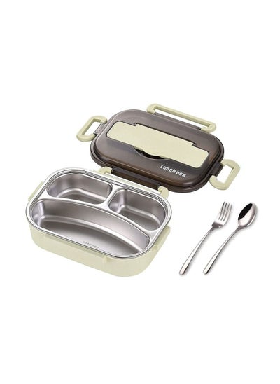 Buy Stainless Steel Lunch Box 3 Compartment with Fork and Spoon Small Green in UAE