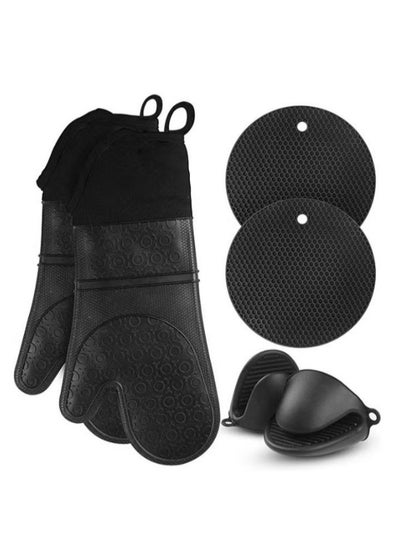 Buy 6PCS Oven Mitts and Pot Holders Sets, Silicone Baking Gloves Heat Resistant Inner Soft Liner, Mini Oven Mittens and Hot Pads, Oven Gloves for Cooking, Grill and Bbq (Black) in Saudi Arabia