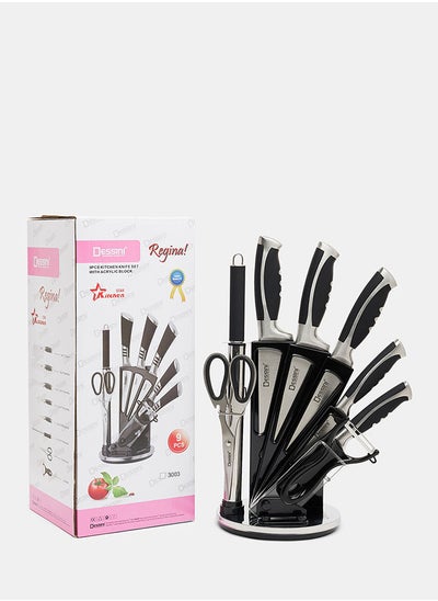 اشتري Dessini 9-Piece kitchen knife Set With Acrylic Block Silver/Black في الامارات