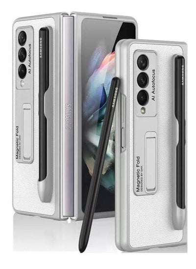 Buy Phone Case for Samsung Galaxy Z Fold 3 Hinged Case with Built-In Magnetic Stand Pc Leather Case Full Wrap Shockproof Phone Case (Silver) in UAE